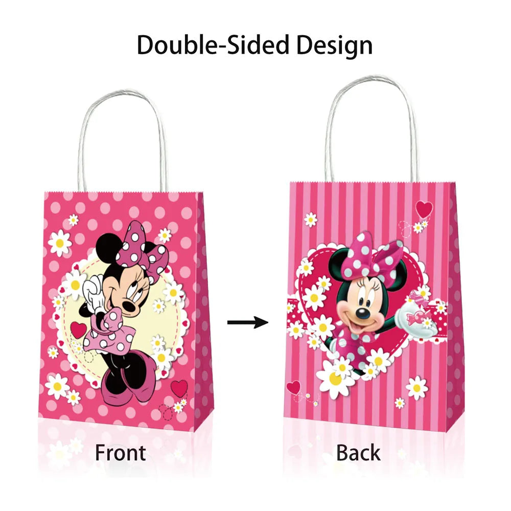 12pcs Pink Minnie Mouse Birthday Party Decorations Handle Gift Bags Sets Paper Candy Pocket Baby Shower Kids Girl Party Supplies