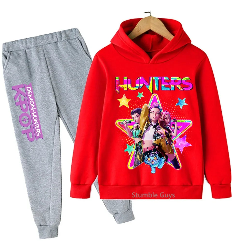 Kpop Demon Hunters Hoodie Set Kids Boys Girls Sportswear 3-12Y Autumn Anime Clothes