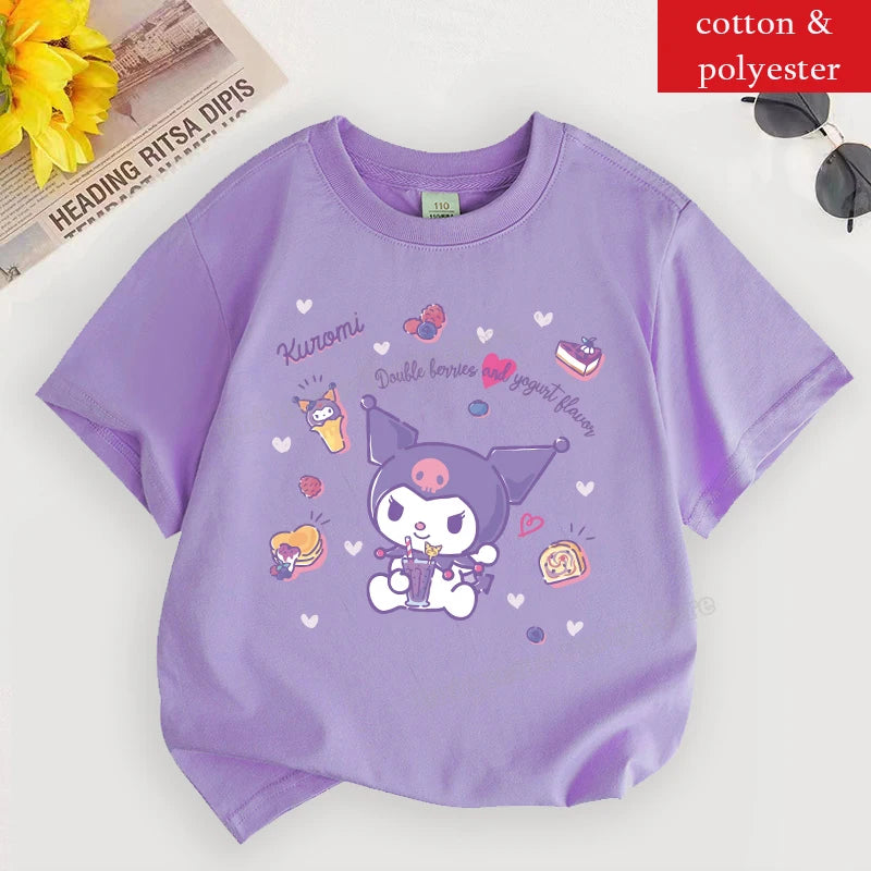 Kuromi T Shirt for Girl Sanrios Cartoon Children Clothes Korean Purple Kids T Shirt Short Sleeve Summer Casual Toddler Tee Tops