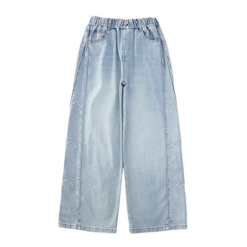 Jeans for Girls Fashion Clothes for Teenagers Solid Loose Kids Wide Leg Pants with Butterfly Children Denim Trousers Age 5-14T