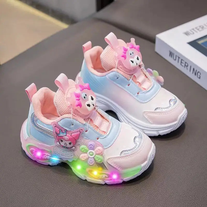 Kuromi LED Shoes Sanrio Kids Luminous Shoes Kawaii Kuromi Tennis Shoes Girls Casual Sneakers Lighted Rotating Button Shoes