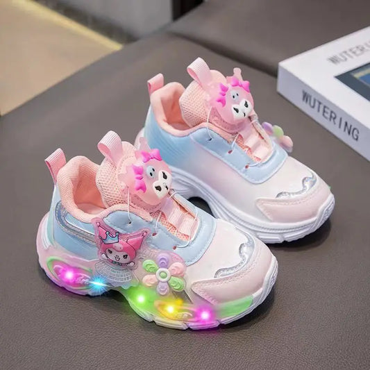Kuromi LED Shoes Sanrio Kids Luminous Shoes Kawaii Kuromi Tennis Shoes Girls Casual Sneakers Lighted Rotating Button Shoes