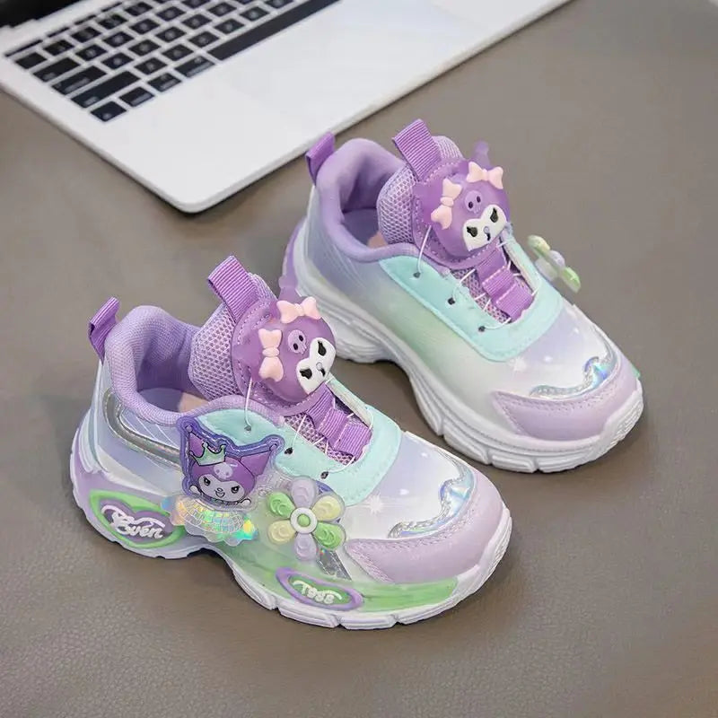 Kuromi LED Shoes Sanrio Kids Luminous Shoes Kawaii Kuromi Tennis Shoes Girls Casual Sneakers Lighted Rotating Button Shoes