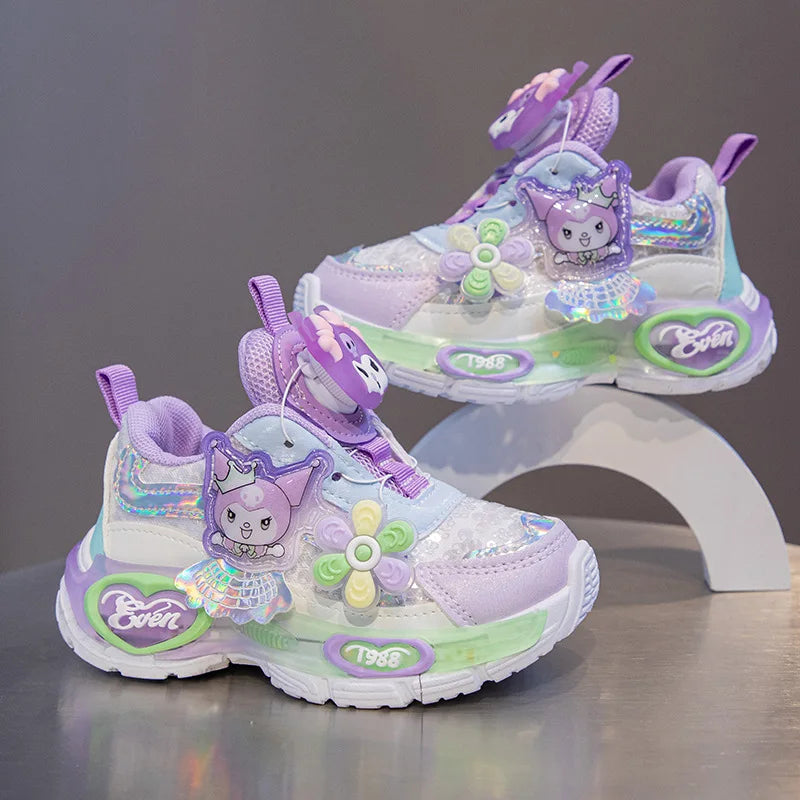 Kuromi LED Shoes Sanrio Kids Luminous Shoes Kawaii Kuromi Tennis Shoes Girls Casual Sneakers Lighted Rotating Button Shoes