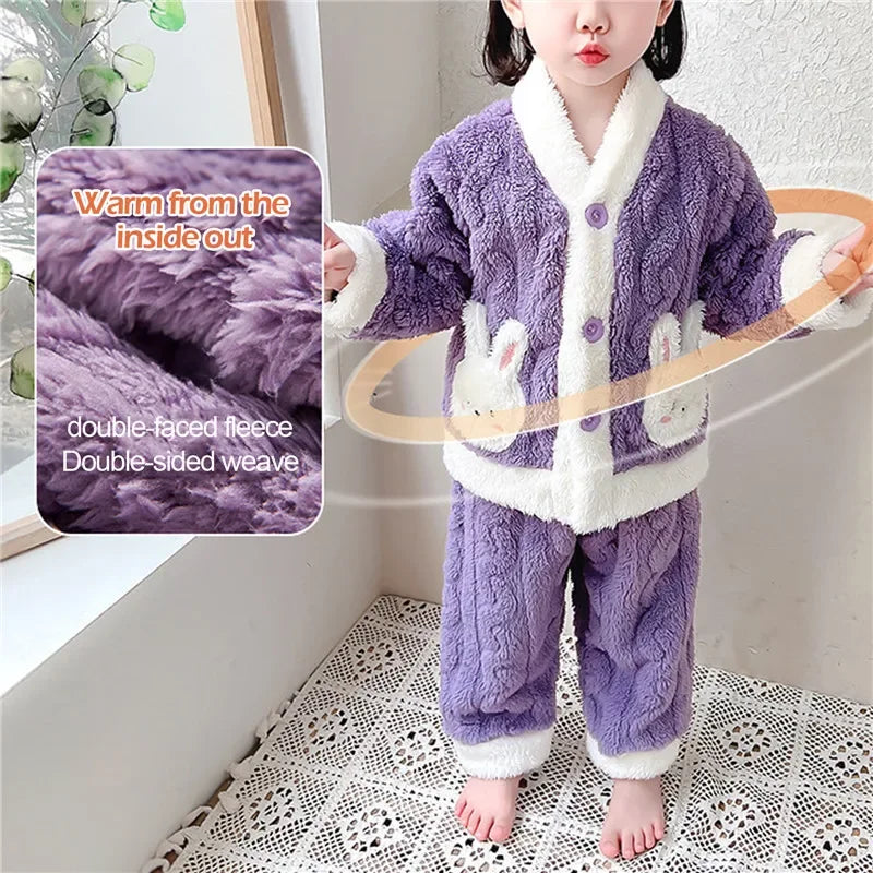 Autumn Winter Children Sleepwear Baby Pajamas Set Thick Flannel Fleece Child Sleepwear 2Pcs Sets Warm Home Suits Kids Clothes