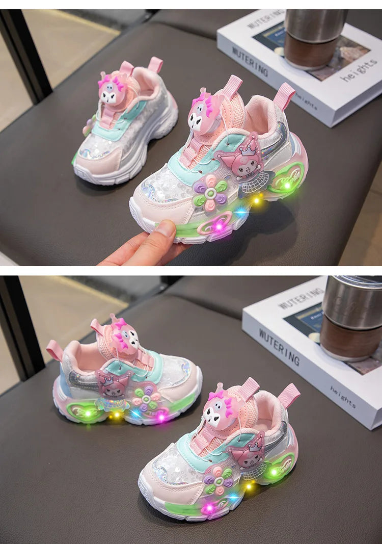 Kuromi LED Shoes Sanrio Kids Luminous Shoes Kawaii Kuromi Tennis Shoes Girls Casual Sneakers Lighted Rotating Button Shoes