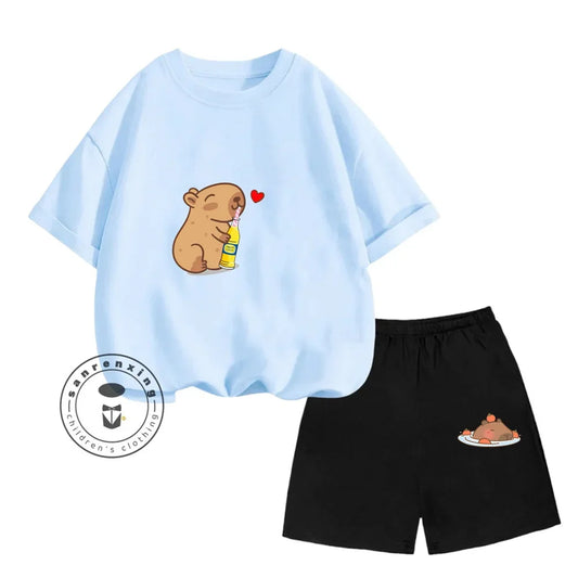 Sanrio Kids Summer T-shirt Cute Capybara Print Cotton Short Sleeve/Shorts Fashion Set for Boys and Girls