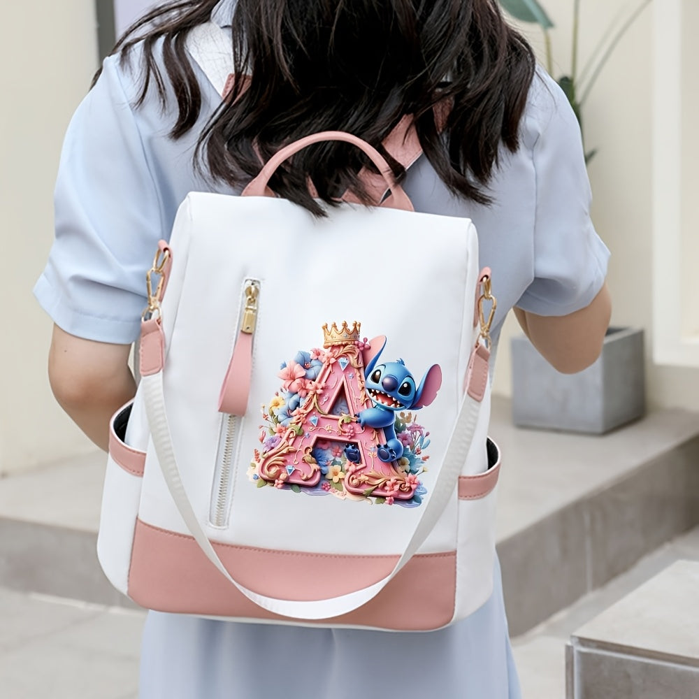 Stitch Backpack with A-Z Letter Print - Durable Polyester, Adjustable Straps, Spacious Design for Daily Commute, Work, Travel & Shopping - Stylish & Functional Backpack for Fans, Perfect Birthday Gift, Cute Backpack, For Teen