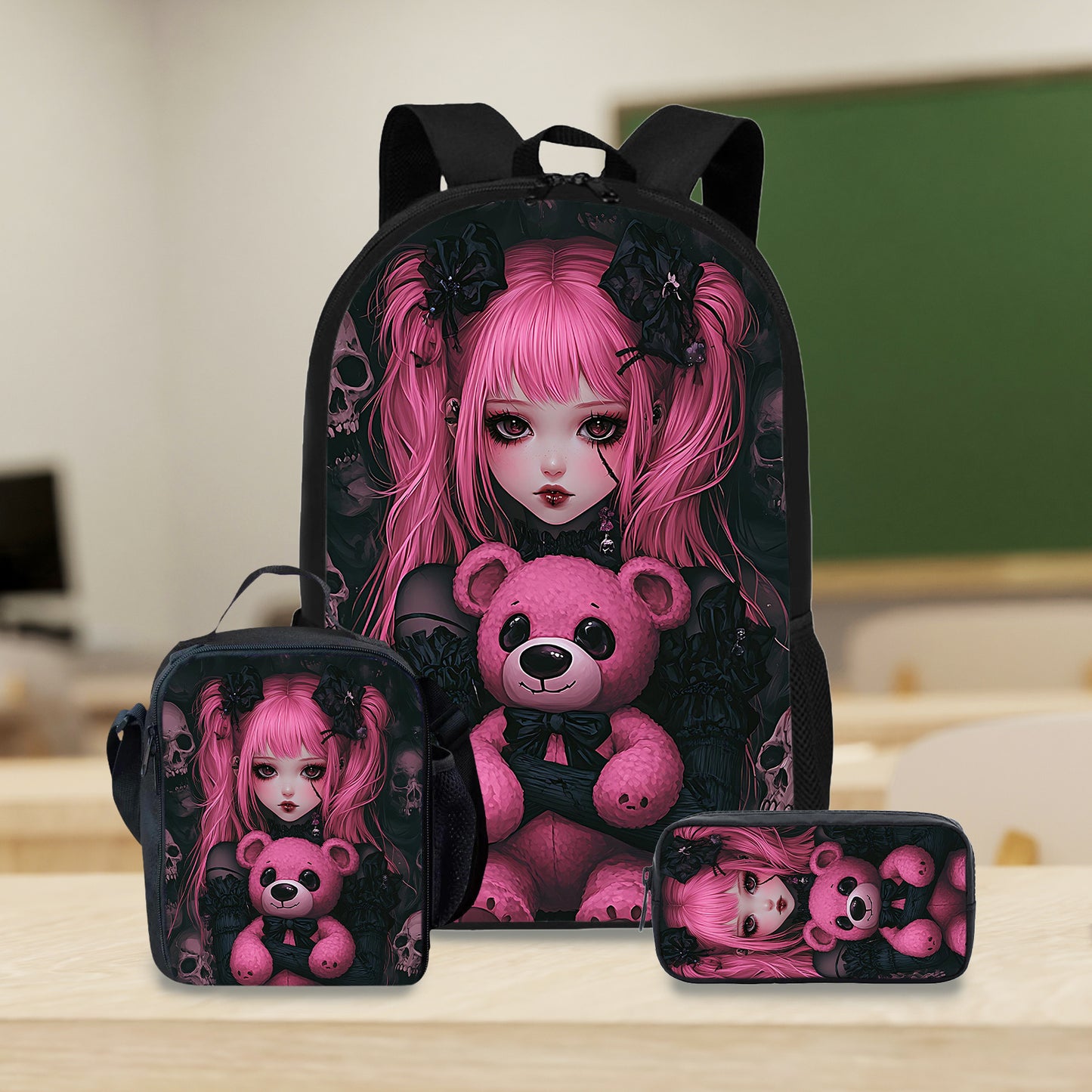Gothic Kawaii Backpack Set, Durable and Lightweight, Large Capacity, Multi-Purpose, Perfect for School, Daily Use, or Gift Giving, Includes Matching Lunch Bag and Pencil Case, Back-to-School, For Teenager