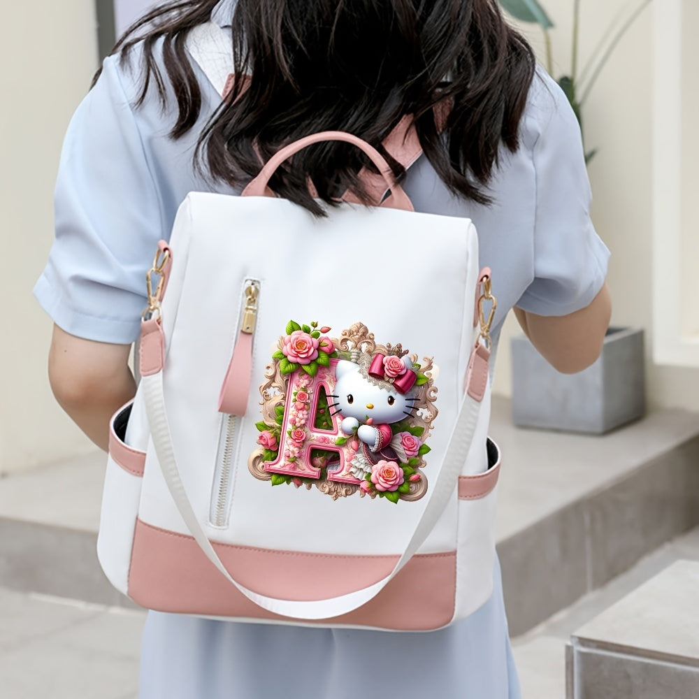 Sanrio Hello Kitty Backpack with Floral Initials - Pastel Pink accents, Spacious School & Travel Bag, Adjustable Shoulder Straps, Zipper Closure Compartments - Cute Sanrio Collectible Gift for Girls &, Cute Backpack, Casual O