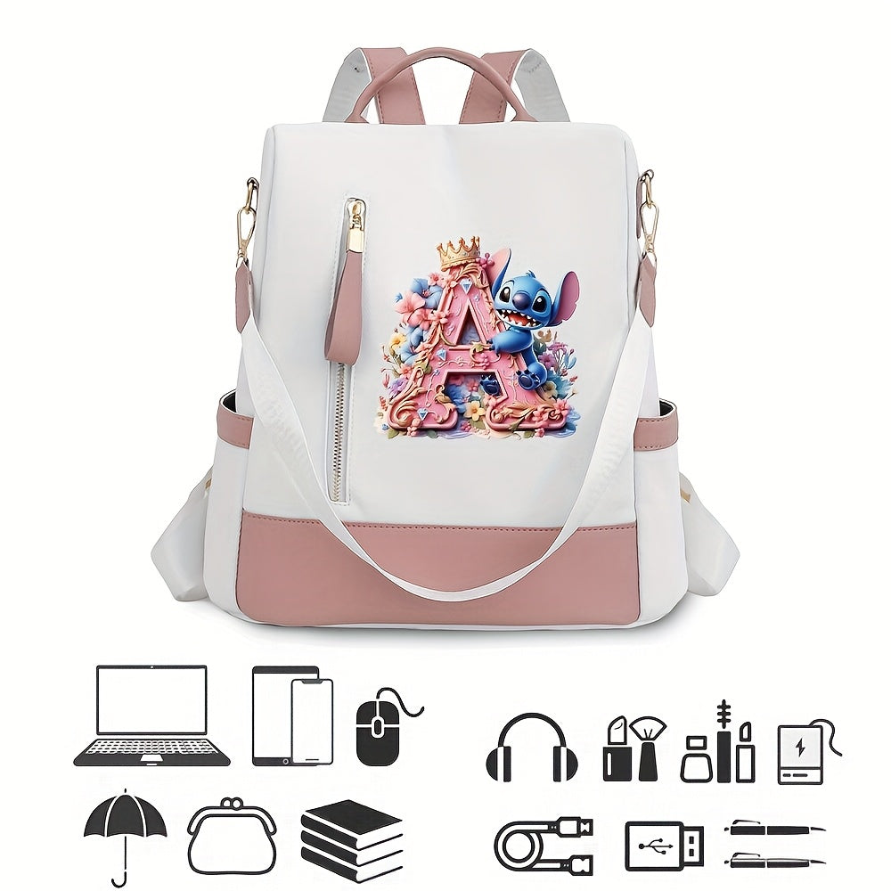 Stitch Backpack with A-Z Letter Print - Durable Polyester, Adjustable Straps, Spacious Design for Daily Commute, Work, Travel & Shopping - Stylish & Functional Backpack for Fans, Perfect Birthday Gift, Cute Backpack, For Teen