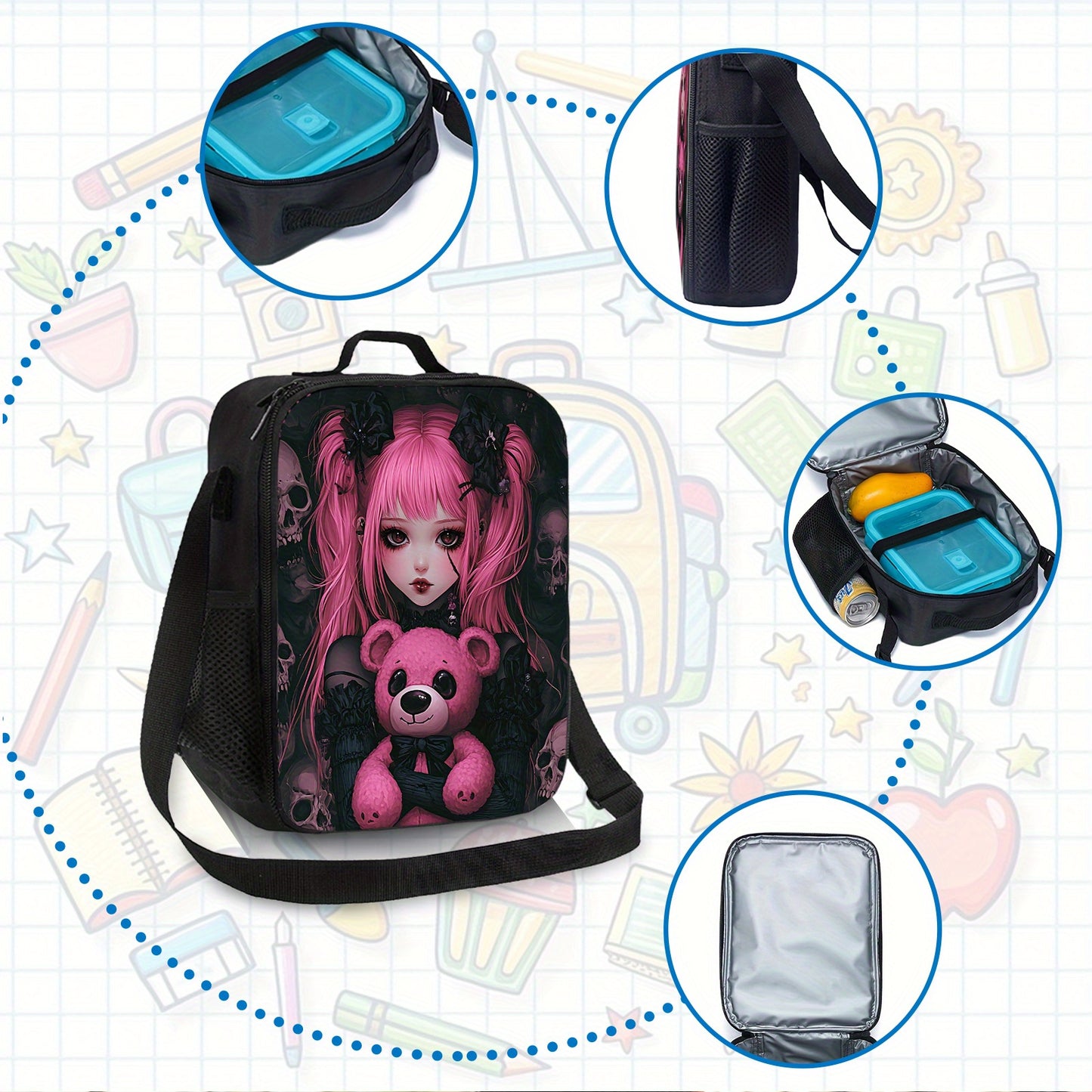 Gothic Kawaii Backpack Set, Durable and Lightweight, Large Capacity, Multi-Purpose, Perfect for School, Daily Use, or Gift Giving, Includes Matching Lunch Bag and Pencil Case, Back-to-School, For Teenager