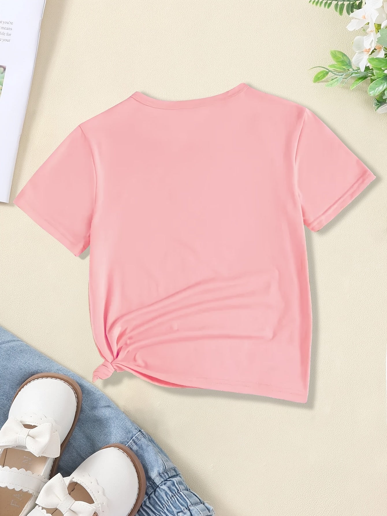 5 random colors (black, white, pink, purple, green), a girl fashion print knitted crew neck short sleeve top, fashion teen clothing, for Teenager