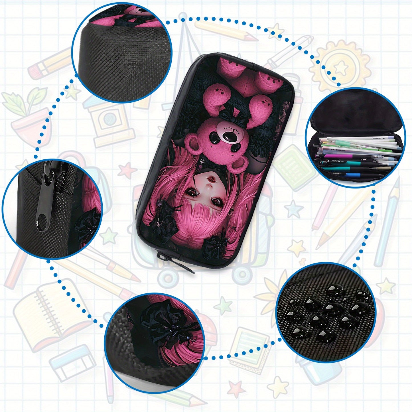 Gothic Kawaii Backpack Set, Durable and Lightweight, Large Capacity, Multi-Purpose, Perfect for School, Daily Use, or Gift Giving, Includes Matching Lunch Bag and Pencil Case, Back-to-School, For Teenager