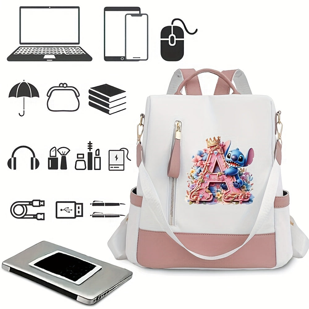 Stitch Backpack with A-Z Letter Print - Durable Polyester, Adjustable Straps, Spacious Design for Daily Commute, Work, Travel & Shopping - Stylish & Functional Backpack for Fans, Perfect Birthday Gift, Cute Backpack, For Teen